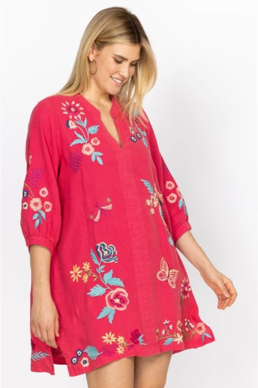 Clothing * | Arla Bishop Sleeve Dress-Plus Size Rose Red