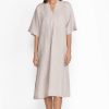 Clothing * | Linen V-Neck Kaftan Midi Dress Silver Cloud