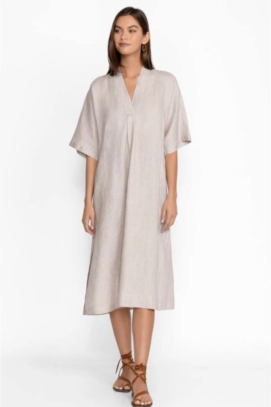 Clothing * | Linen V-Neck Kaftan Midi Dress Silver Cloud