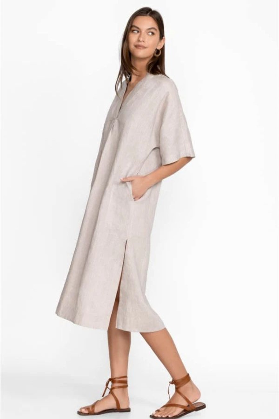 Clothing * | Linen V-Neck Kaftan Midi Dress Silver Cloud