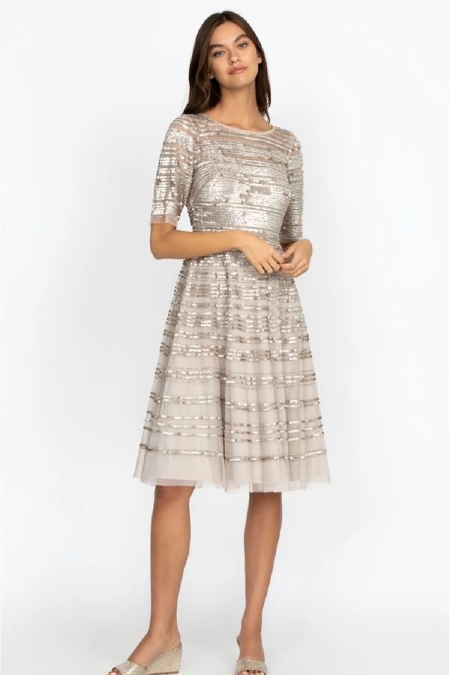 Clothing * | Beaded Mesh Dress Champagne