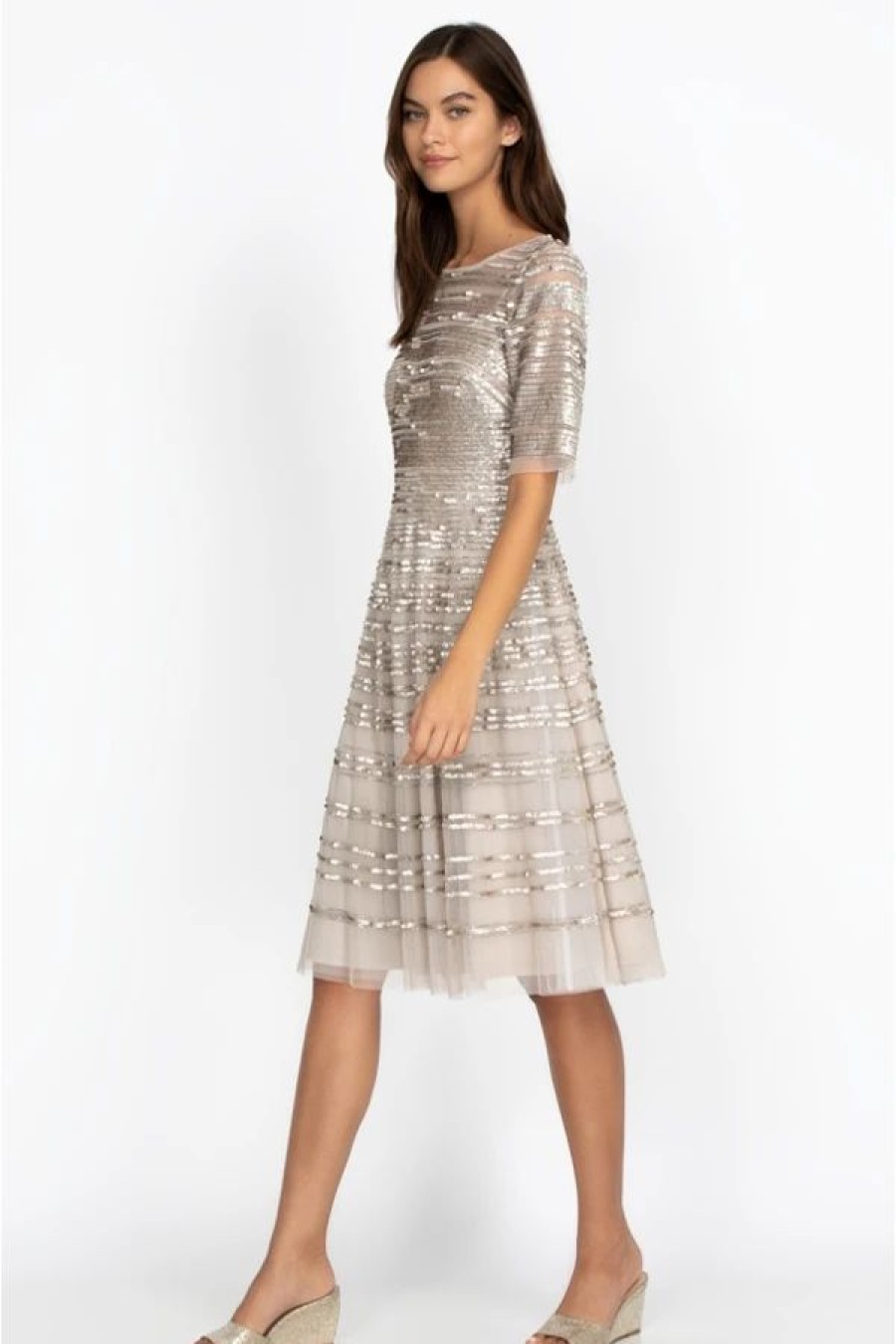 Clothing * | Beaded Mesh Dress Champagne