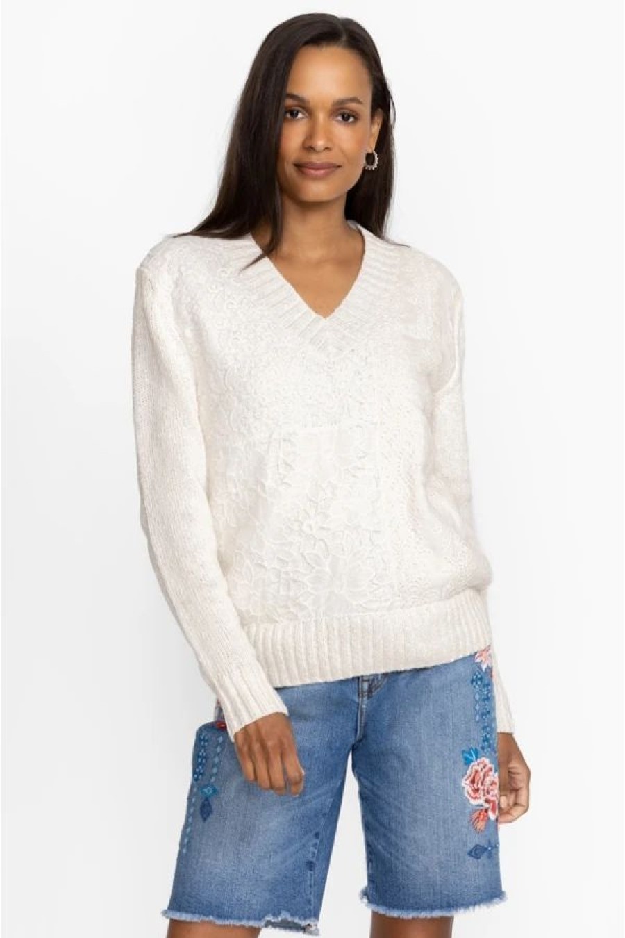 Clothing * | Crochet Patched Sweater White