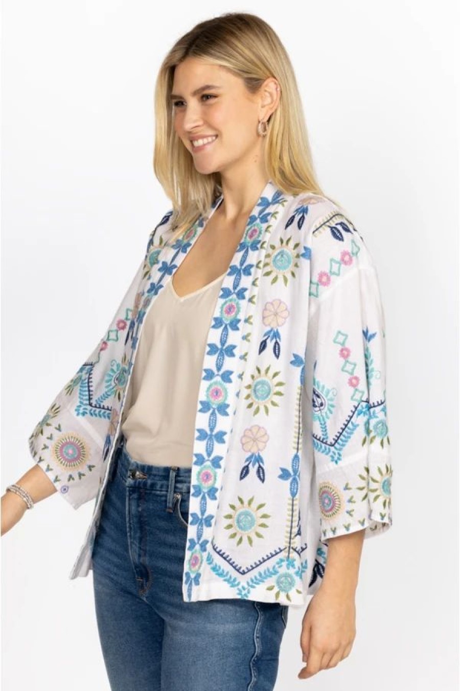 Clothing * | Oriel Cropped Linen Kimono-Plus Size White