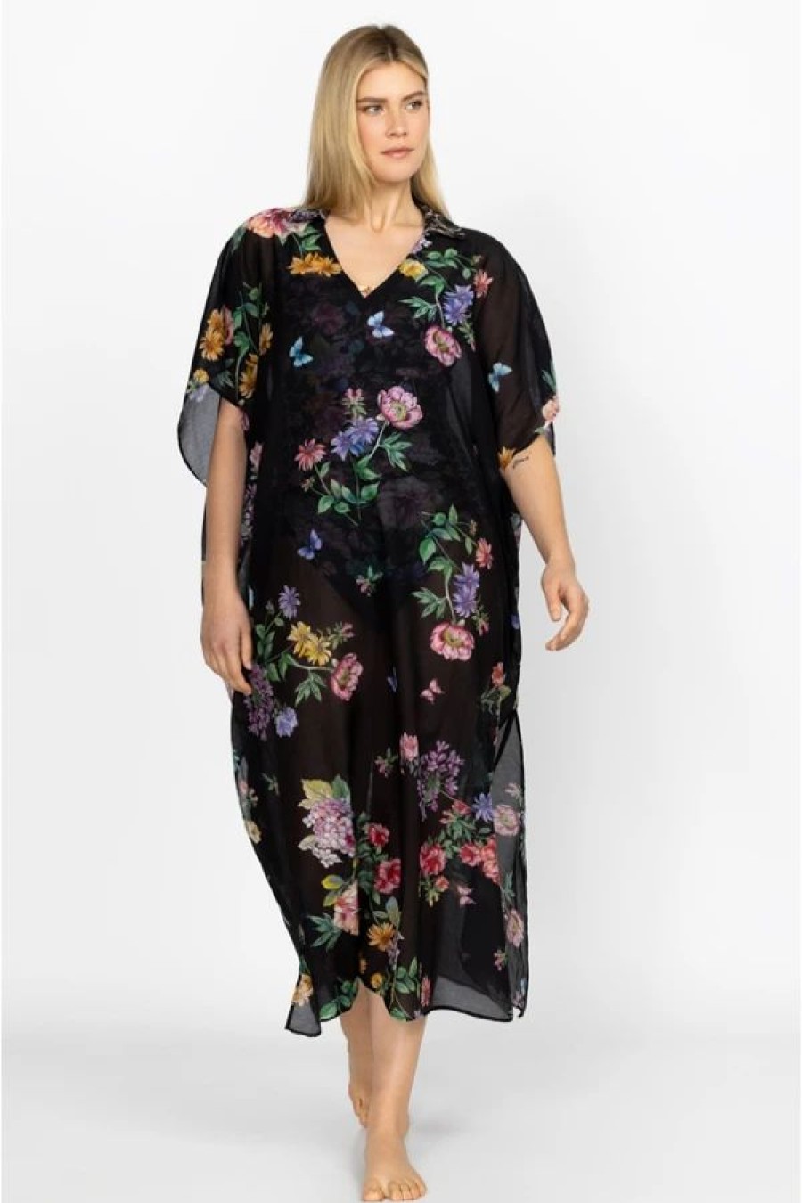 Clothing * | Black Butterfly Collared Kaftan-Plus Size Multi