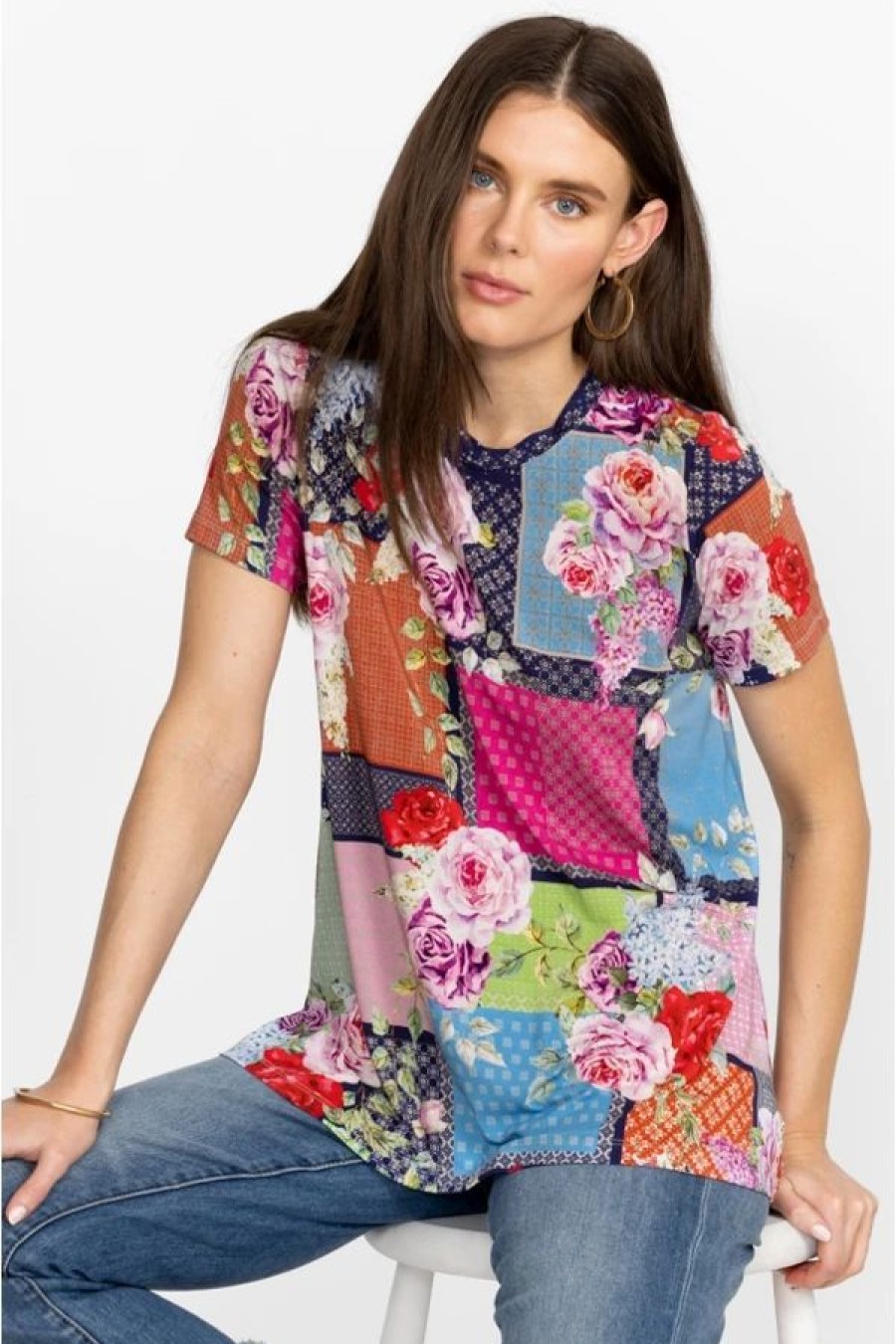 Clothing * | Rose Patch Favorite Short Sleeve Crew Neck Swing Multi