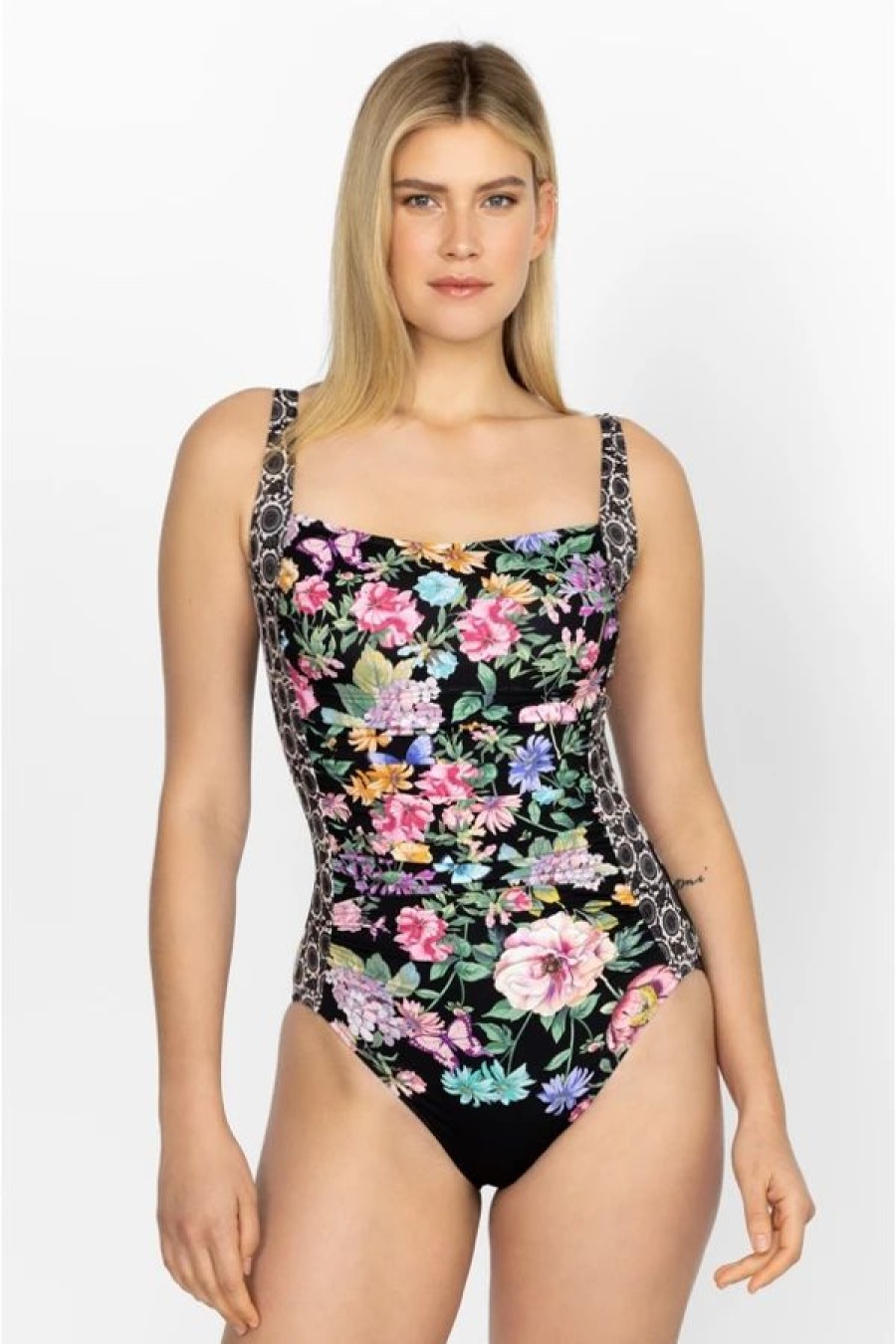 Clothing * | Black Butterfly Ruched One Piece-Plus Size Multi