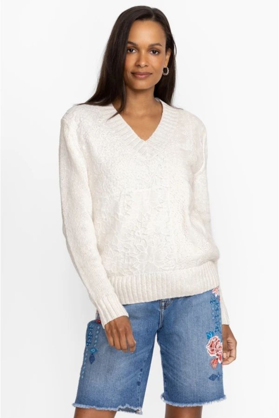 Clothing * | Crochet Patched Sweater White