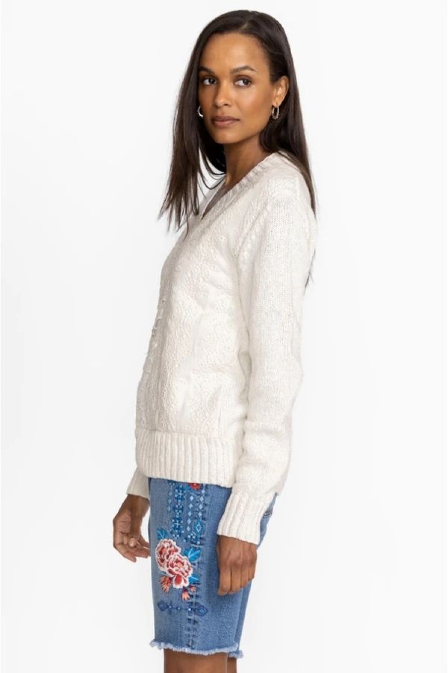 Clothing * | Crochet Patched Sweater White