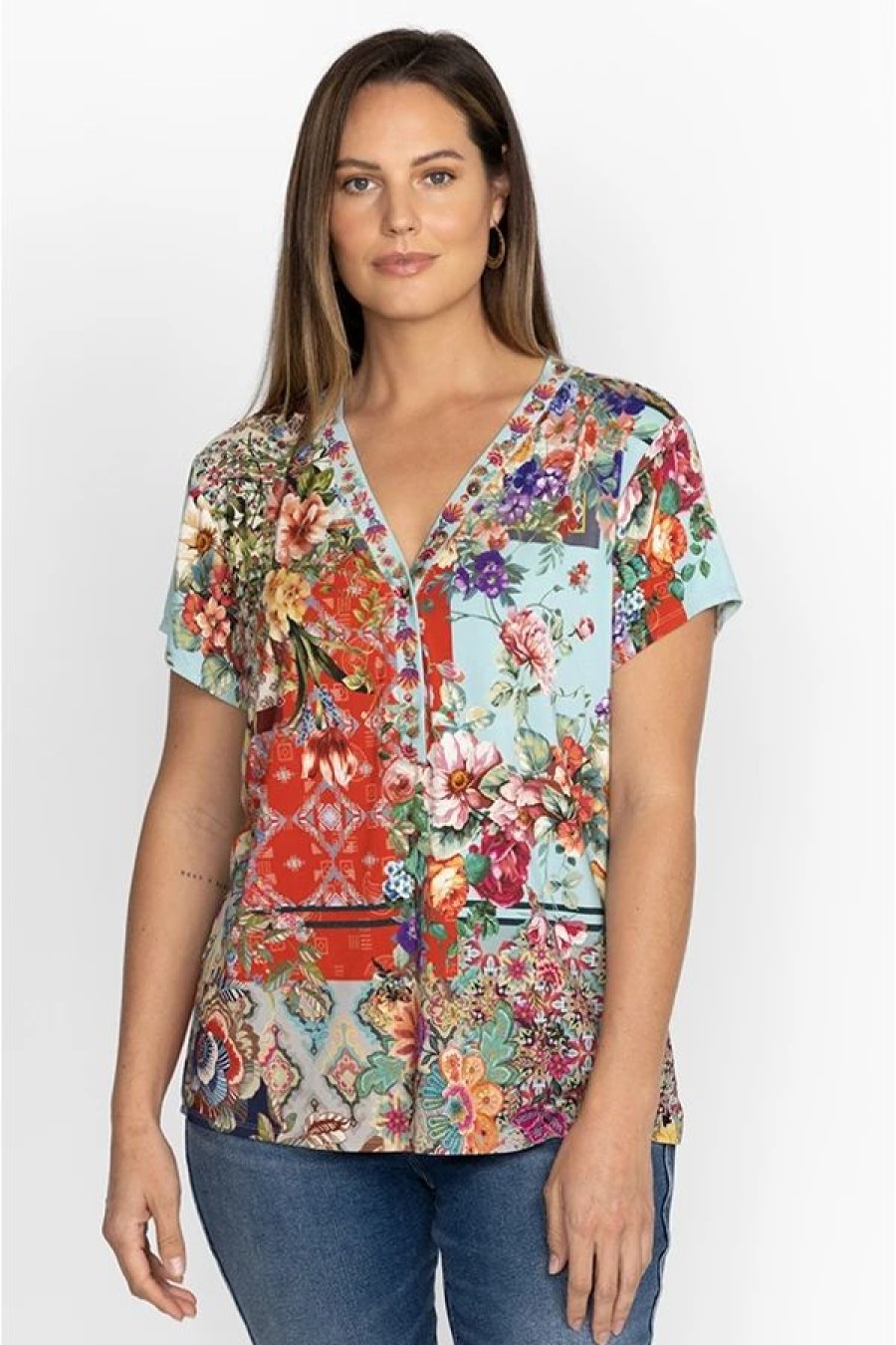 Clothing * | Otti Button Neck Tee-Plus Size Multi